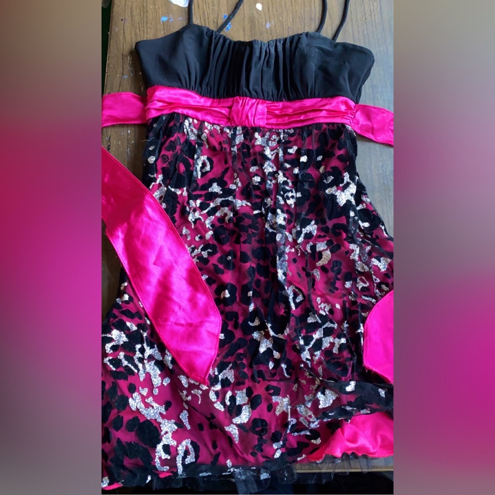 Like New Spaghetti Strap Homecoming Dress, Black & Pink. Silver cheetah print.